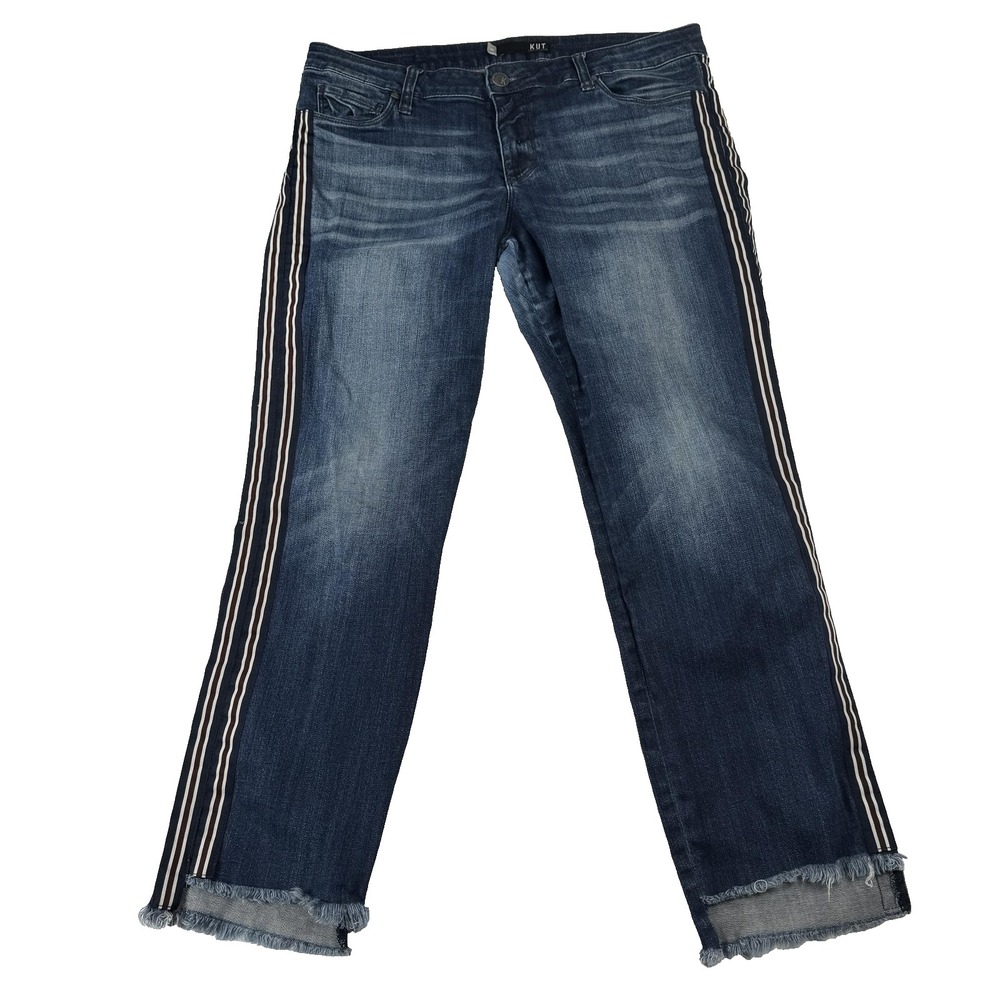 Kut From The Kloth Reese Jeans Womens 12 Ankle Straight Leg Striped Blue 34x27
